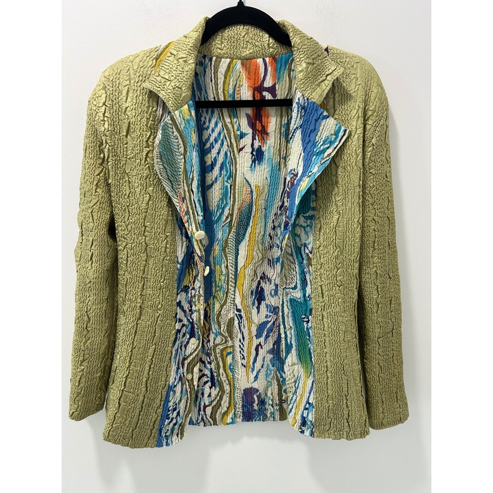 Reversible Abstract Print Crinkle Blazer Olive Green Textured Jacket Multi-Color - Picture 7 of 9